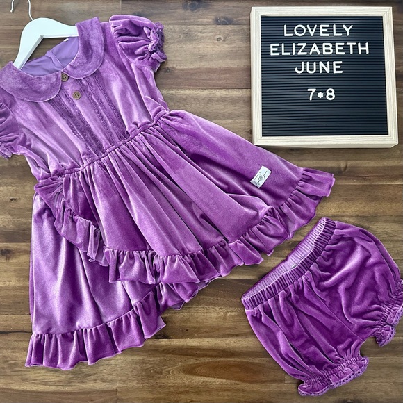 Lovely Elizabeth Jane Purple Velvet Dress with Bloomers Ruffles Short Sleeve 7/8